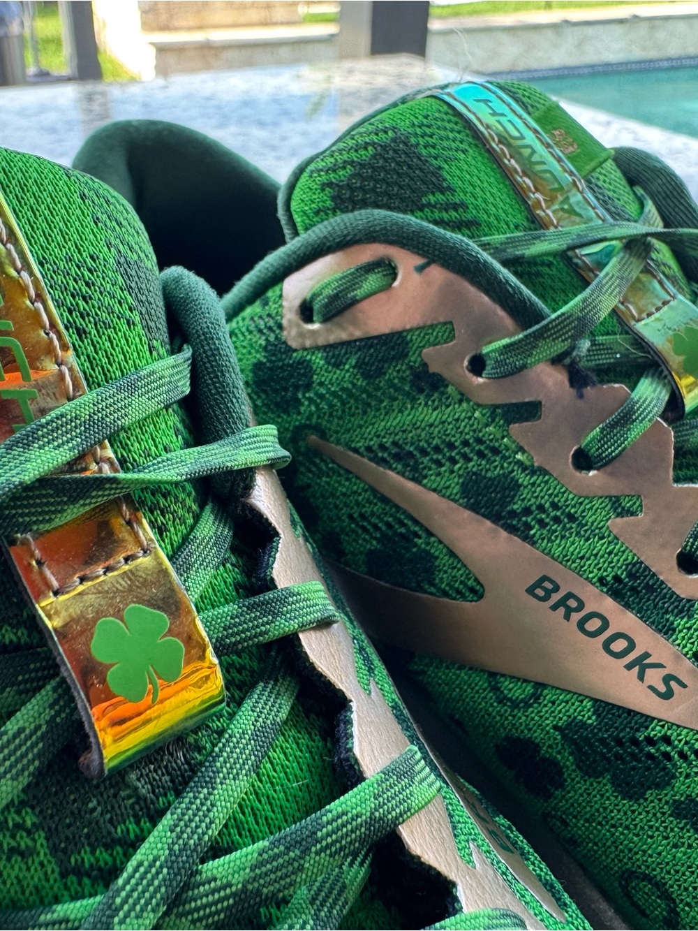 Brooks Green Shamrock-Print Running Shoes with Metallic Gold Accents - Picture 11 of 13